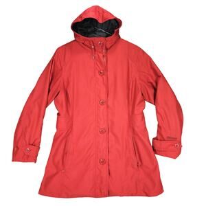 Marmot Trench Coat‎ sz L Women Hooded Brick Red Lined Mid Length Lined Pockets